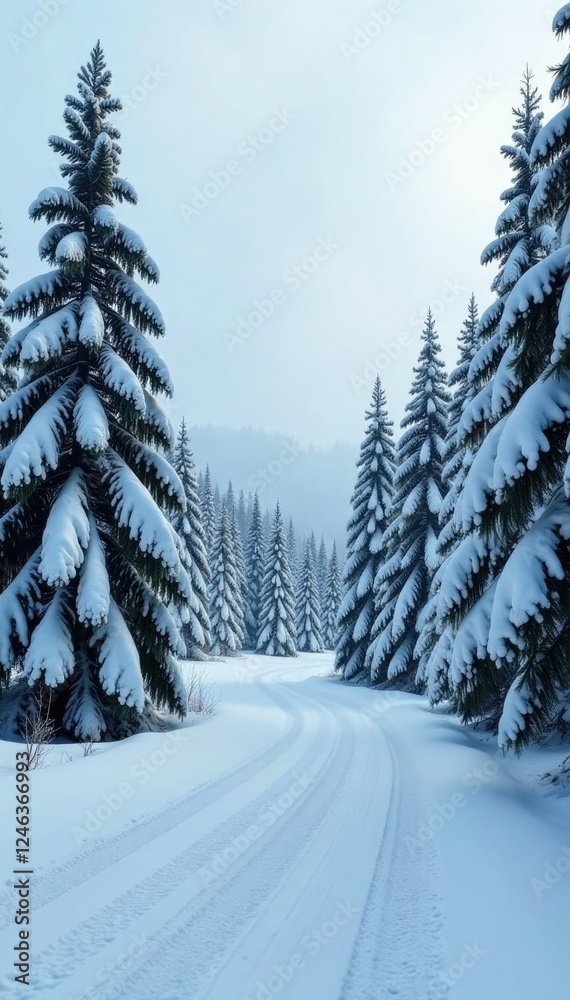 Obraz premium The road winds through a sea of snow-covered evergreens, evergreen trees, winter landscape