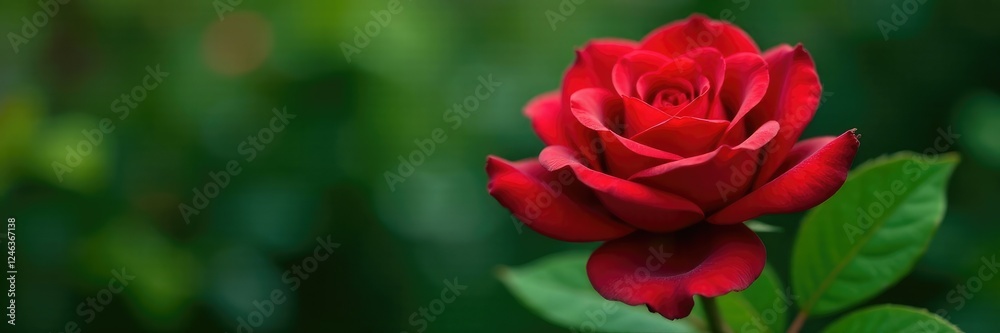 Naklejka premium The intricate details of a single large red rose on a lush green branch, floral, branch, flower
