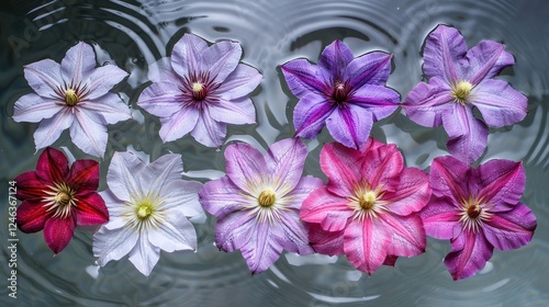 Vibrant assortment of colorful flowers floating on water surface with ripples, serene atmosphere