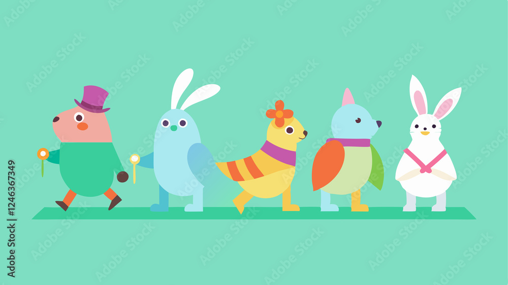Adorable Animals in Easter Parade Costumes, Festive Spring Illustration pig dog Adorable Animals in Easter Parade Costumes, Festive Spring Illustration pig dog
