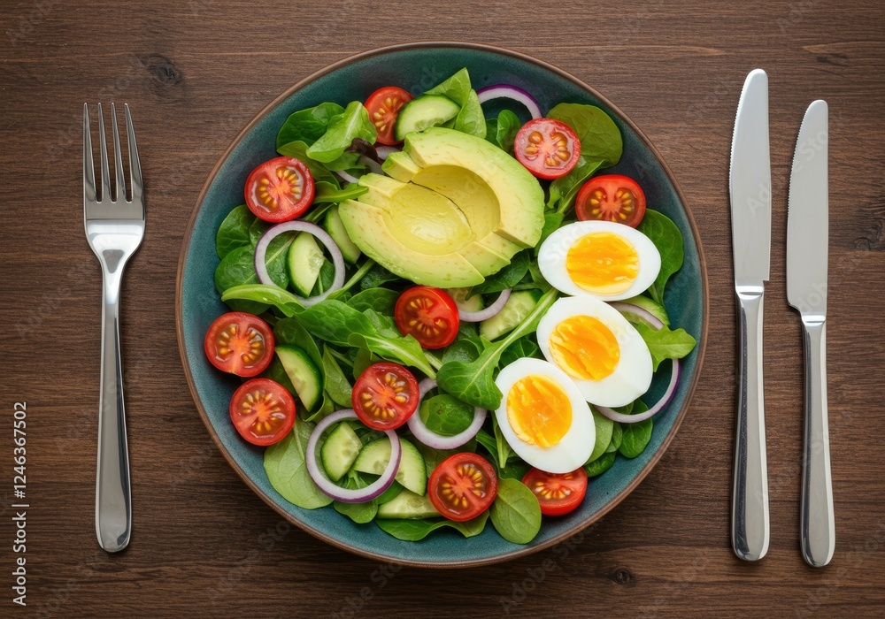appetizing vegetable salad with eggs avocado on a wooden background appetizing vegetable salad with eggs avocado on a wooden background