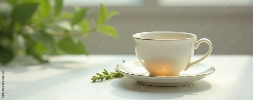 Fototapeta premium Tea cup on a minimalist background featuring a few sprigs of greenery, table, delicate