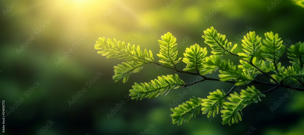 Sunlight Streaming Down on a Fresh Green Leafy Branch, Spring Season Nature Background Sunlight Streaming Down on a Fresh Green Leafy Branch, Spring Season Nature Background