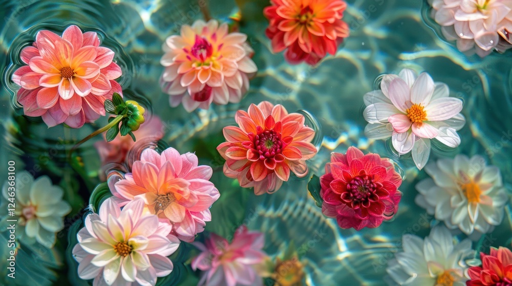A vibrant scene of colorful flowers floating serenely on the water's surface, creating tranquility A vibrant scene of colorful flowers floating serenely on the water's surface, creating tranquility