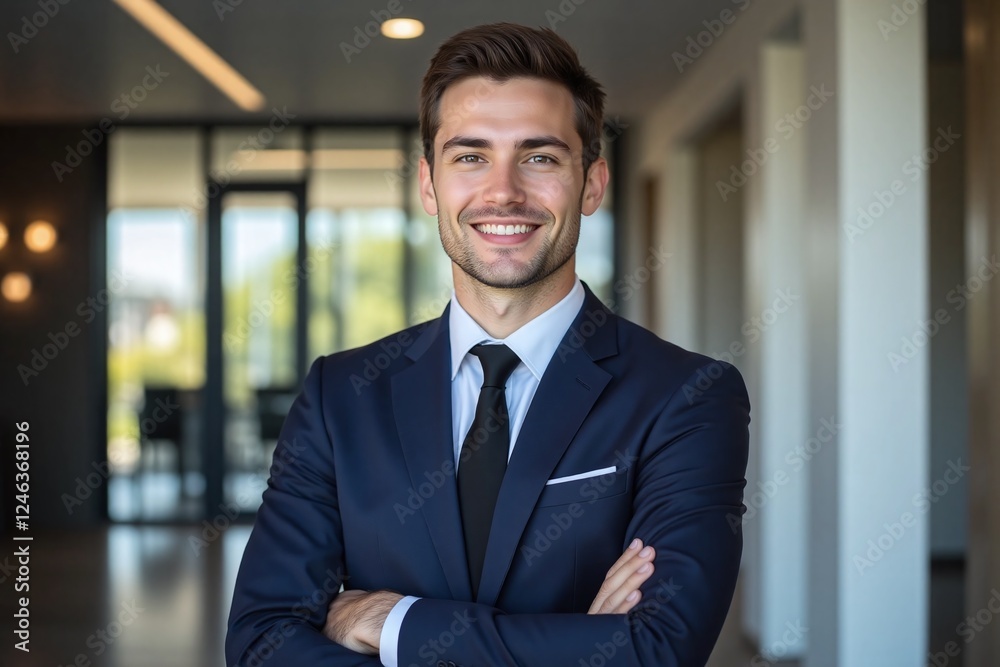 young man standing in modern office navy blue suit young man standing in modern office navy blue suit