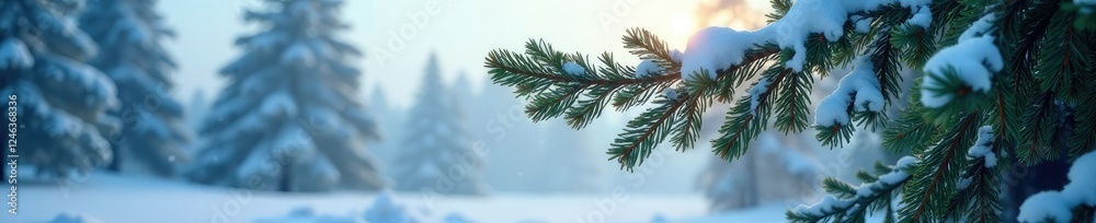 Obraz premium Snow-covered fir tree branch stretching towards the sky, fir, tree