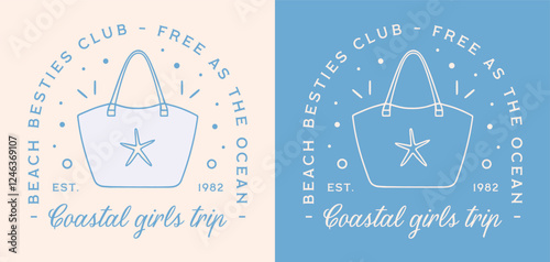 Coastal girls trip besties beach club blue aesthetic quotes matching shirt design free as the ocean sea. Retro vintage boho cowgirl west coast vacay summer vibes preppy girly bag printable decor.