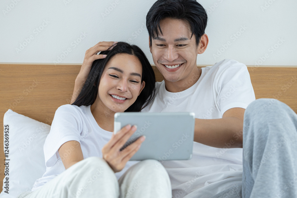 Happy couple watching movies and dramas on the bed Happy couple watching movies and dramas on the bed