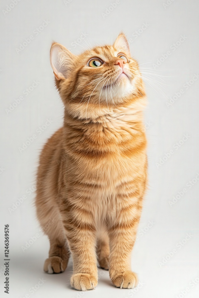 Obraz premium A curious orange tabby cat gazes upward, showcasing its playful demeanor and vibrant fur against a neutral background.