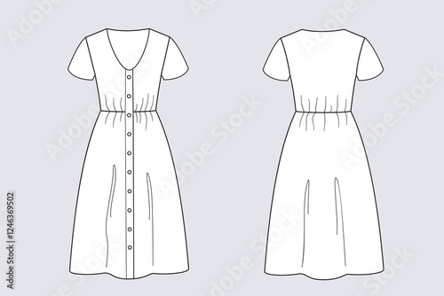 Female dress vector template isolated on a grey background. Front and back view. Outline fashion technical sketch of clothes model