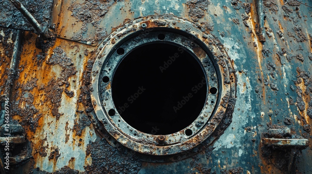 Rusty Porthole on Abandoned Industrial Structure in Urban Environment Rusty Porthole on Abandoned Industrial Structure in Urban Environment