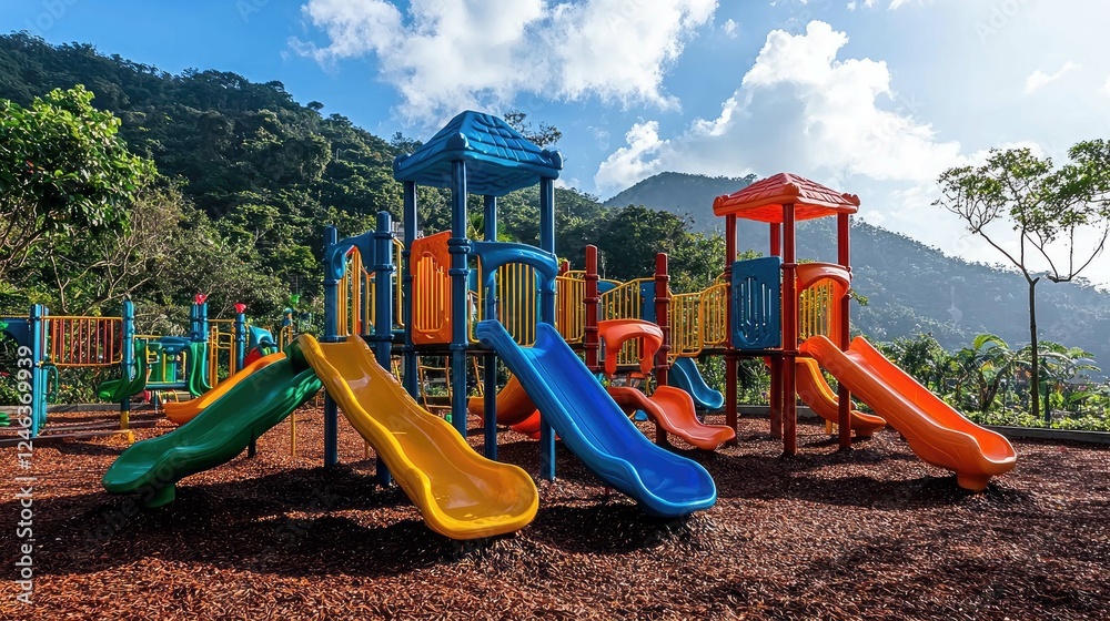 Vibrant Playground Fun: Colorful Slides and Play Structures Against a Mountain Landscape Vibrant Playground Fun: Colorful Slides and Play Structures Against a Mountain Landscape