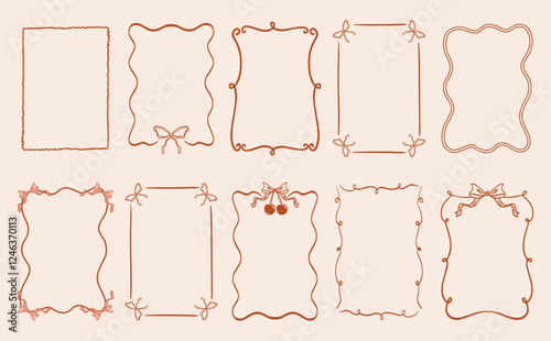 Set wavy frame template in hand drawn card for wedding, menu, birthday, friendsmas, party invitation design.