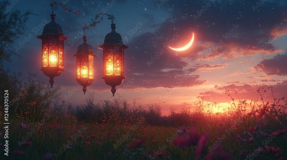 Fototapeta premium Ramadan lanterns sunset field night celebration