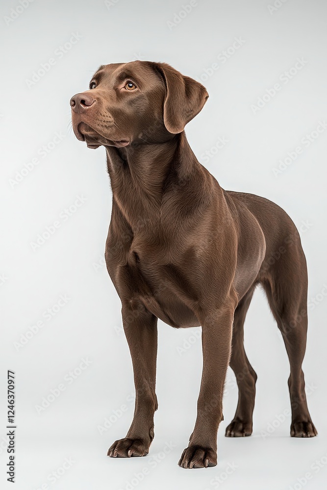 A poised chocolate Labrador Retriever stands elegantly against a light background, showcasing its strong build and attentive expression. A poised chocolate Labrador Retriever stands elegantly against a light background, showcasing its strong build and attentive expression.