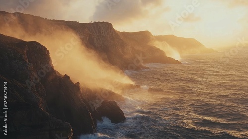 Luminous Sunrise Over Rugged Coastline with Mist and Waves