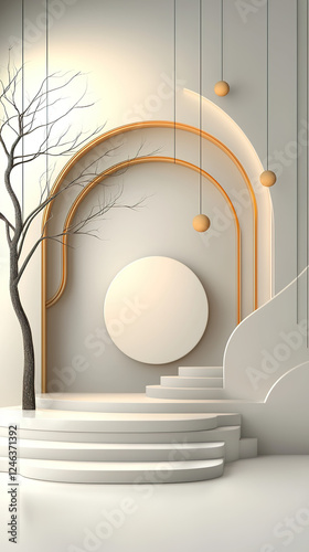 Minimal abstract background for branding and product presentation. Beige subtle geometric on beige background. 3d rendering illustration. Clipping path of each element included.
