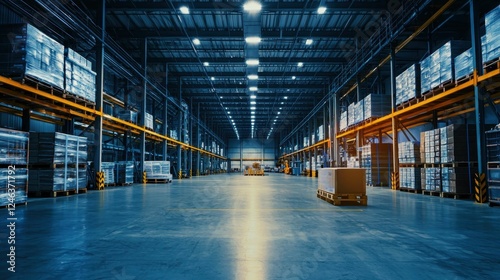 Spacious Industrial Warehouse Interior with Shelves and Pallets
