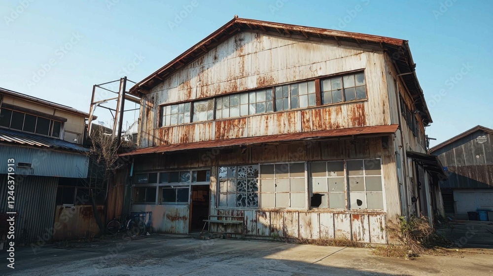 Rustic Abandoned Industrial Building with Weathered Exterior and Sky Rustic Abandoned Industrial Building with Weathered Exterior and Sky