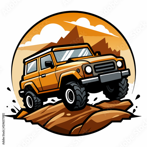 An off-road adventure car logo with a rugged 4x4 truck climbing a rocky terrain