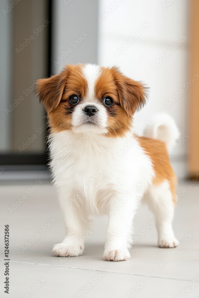A small, adorable puppy with fluffy fur and expressive eyes stands on a smooth surface, showcasing its playful and curious demeanor. A small, adorable puppy with fluffy fur and expressive eyes stands on a smooth surface, showcasing its playful and curious demeanor.