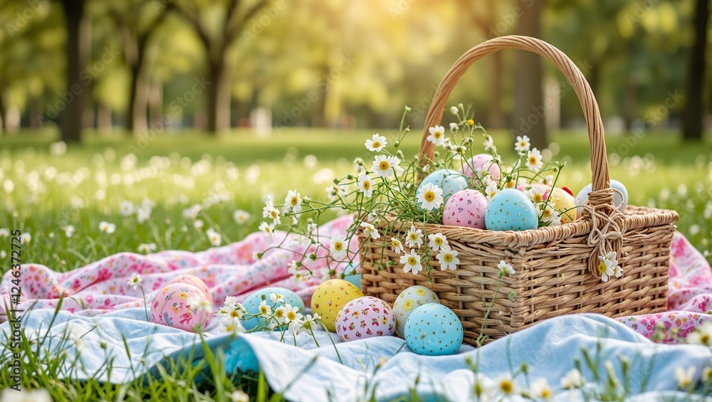 Festive Easter picnic scene with vibrant blankets and decorated eggs in a scenic park setting