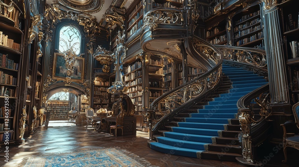 Enchanting Library with Grand Staircase and Luxurious Detailing Enchanting Library with Grand Staircase and Luxurious Detailing