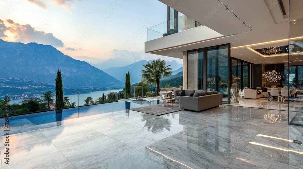 Fototapeta premium Modern Luxury Villa with Breathtaking Mountain Lake View at Dusk