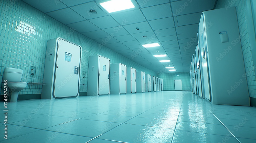 Fototapeta premium Sterile corridor, medical facility, futuristic design, bathroom visible