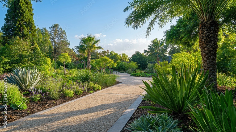 Serene Garden Pathway Surrounded by Lush Greenery and Palms