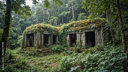 Explore the mystique of an ancient stone temple enveloped by lush jungle greenery where natures tenacity triumphs over human architecture
