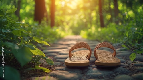 A pair of sandals on a stone path surrounded by greenery, with sunlight streaming through the trees. photo