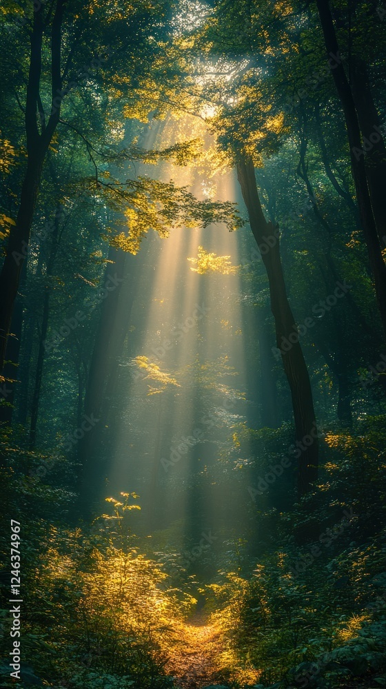 Obraz premium Sunbeams Illuminating a Mystical Forest Path