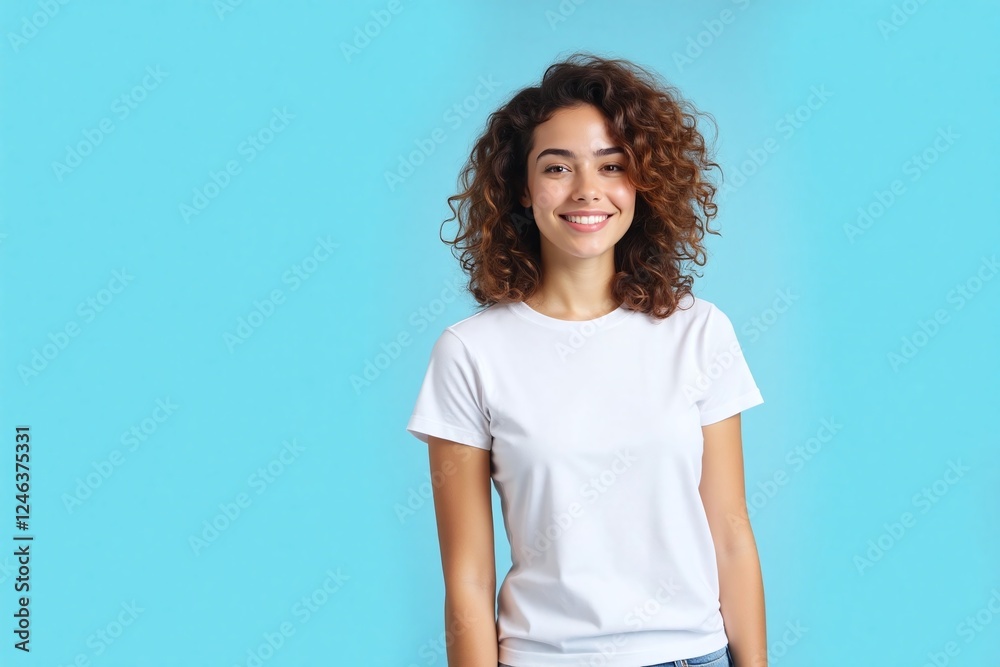 young woman standing against light blue background white t shirt young woman standing against light blue background white t shirt