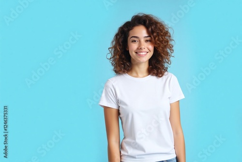 young woman standing against light blue background white t shirt
