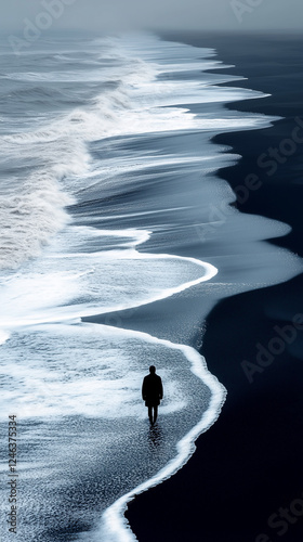 Top view of black sand beach with people walking on the beach, aerial view, calm sea, calm waves, mobile phone background wallpaper