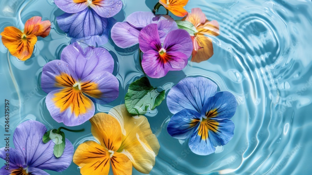 Vibrant pansies floating on serene water surface, creating a tranquil and colorful scene
