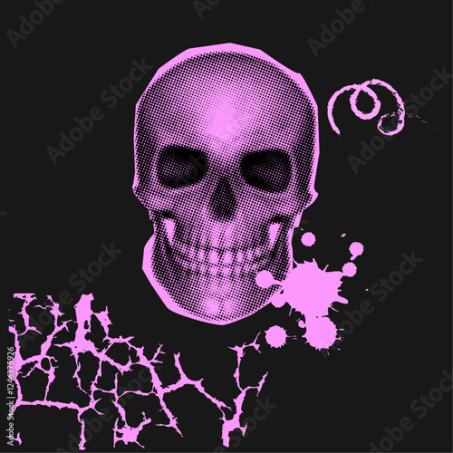  Human skull in retro halftone style,splash ink,collage design element in trendy magazine style