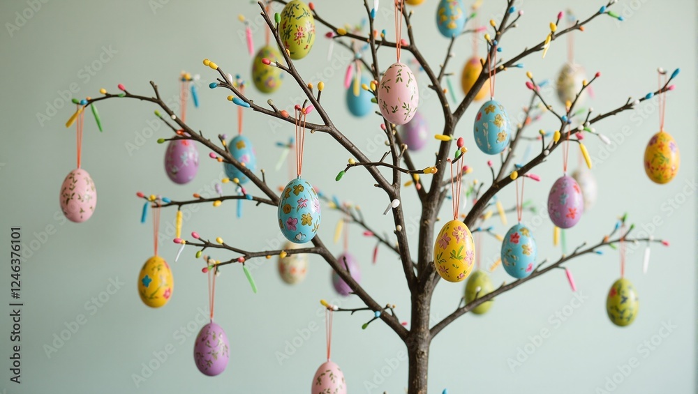 Vibrant Easter egg tree with intricately hand painted eggs hanging evoking joy and celebration Vibrant Easter egg tree with intricately hand painted eggs hanging evoking joy and celebration