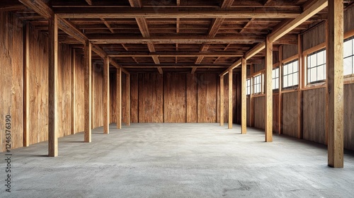 Empty Wooden Structure Interior with Natural Light and Columns