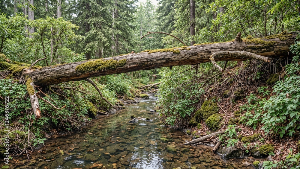 Natures artistry unveiled fallen tree bridges a pristine stream as fish gracefully swim below Serenity captured in the wilderness Natures artistry unveiled fallen tree bridges a pristine stream as fish gracefully swim below Serenity captured in the wilderness