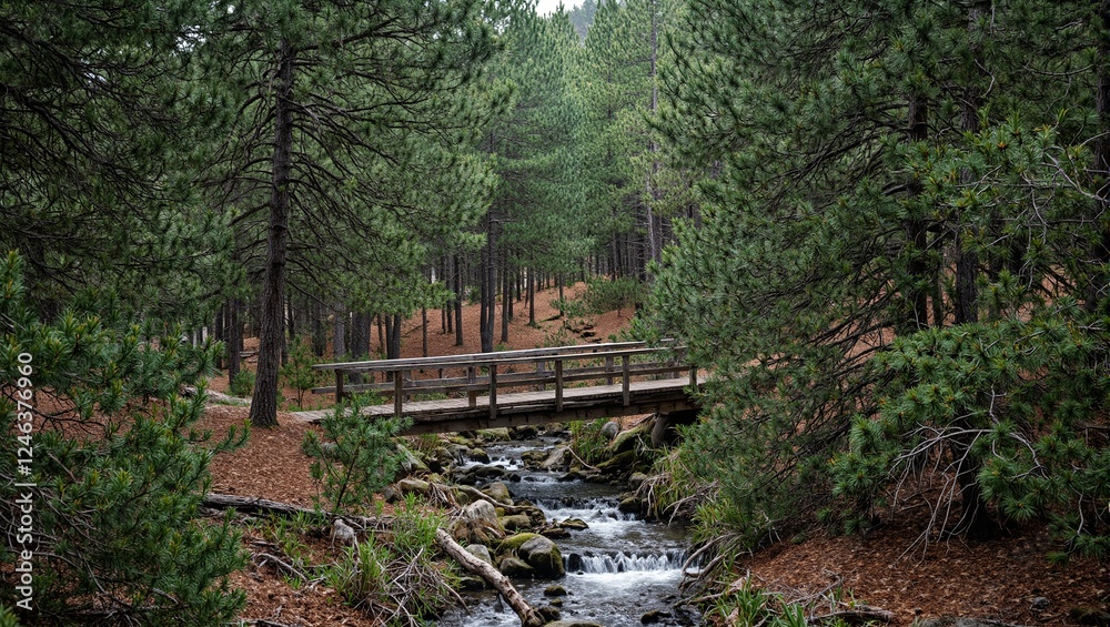 Tranquil forest scene with wooden bridge over stream sunlight filtering through tall conifer trees onto pine needle carpet Tranquil forest scene with wooden bridge over stream sunlight filtering through tall conifer trees onto pine needle carpet