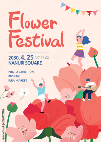 Spring Flower Festival Poster Full of Pink Flowers Background Illustration
