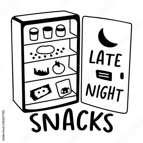 A glyph sticker of a refrigerator with “late night snacks” typography
