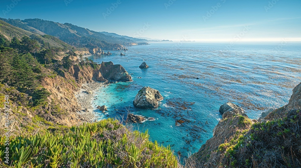 Scenic Coastal View with Rocks and Lush Greenery Along Ocean Scenic Coastal View with Rocks and Lush Greenery Along Ocean
