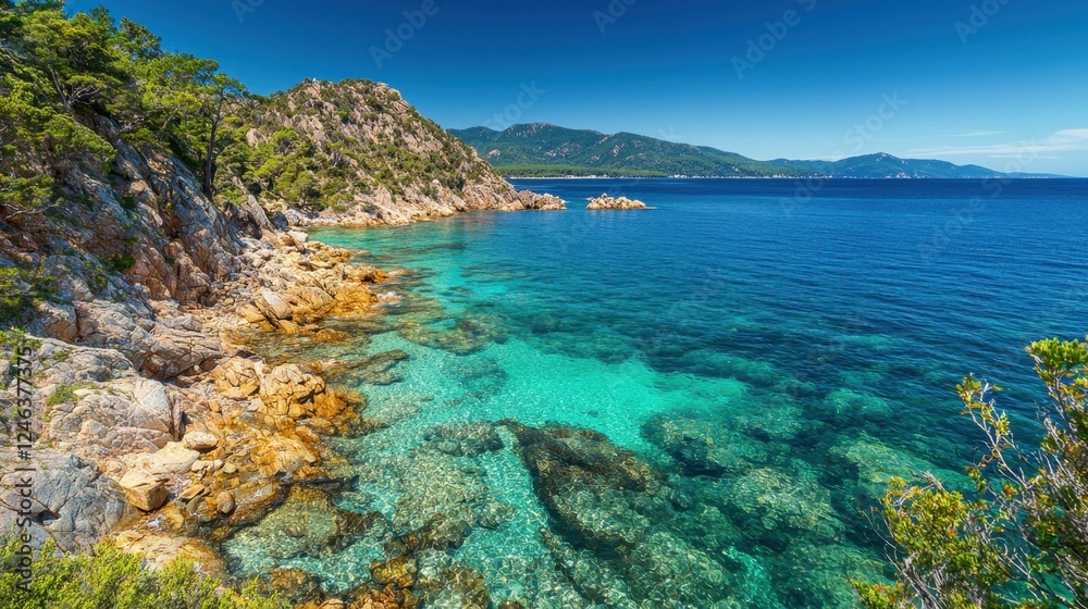 Scenic Coastal Landscape with Clear Blue Water and Rocky Shoreline Scenic Coastal Landscape with Clear Blue Water and Rocky Shoreline