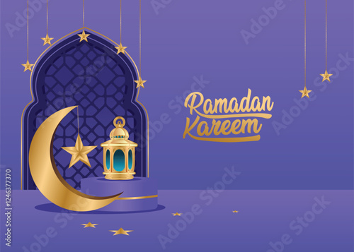 Happy Ramadan Mubarak Typography and background with islamic Mosque, moon, stars, mosque shapes for ramadan kareem, eid, milad un nabi, isra miraj muslim, banner, card design.