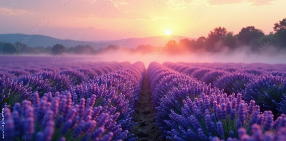 Obraz premium Gentle mist rising from a lush lavender field at dawn, natural, peaceful, mist