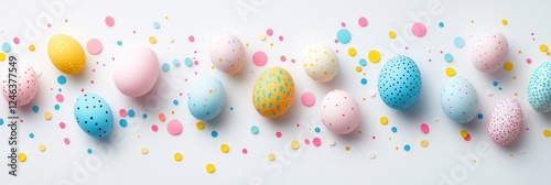 A detailed close-up of vibrant, painted eggs arranged on a clean white surface, showcasing intricate designs and vivid colors. photo