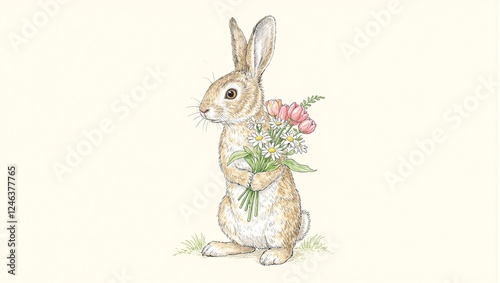 An adorable bunny with a vibrant bouquet of tulips and daisies perfect for Easter and spring themes